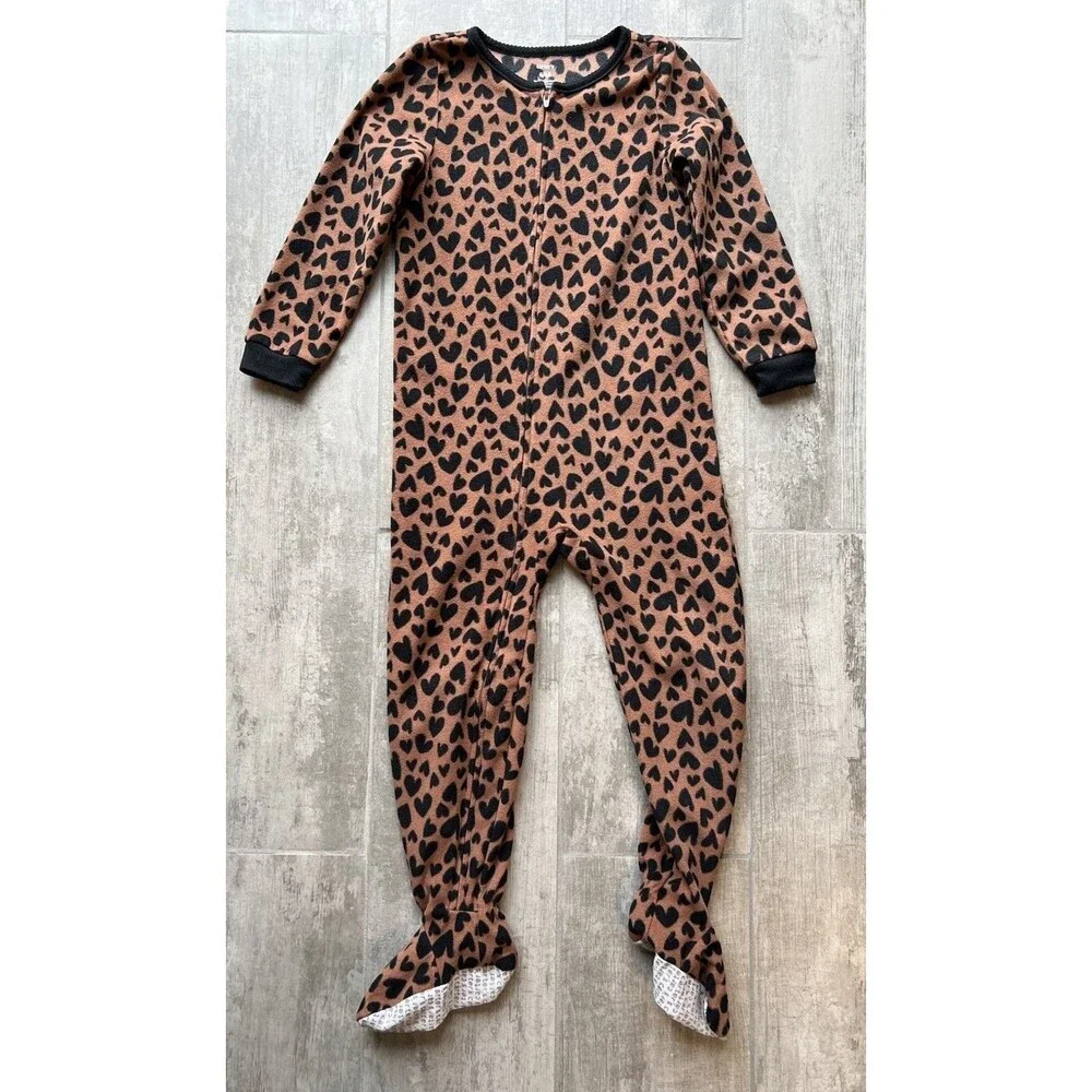 Girls Fleece Leopard Hearts PJs Pajama One Piece Footed Sleeper Zip Cozy 6